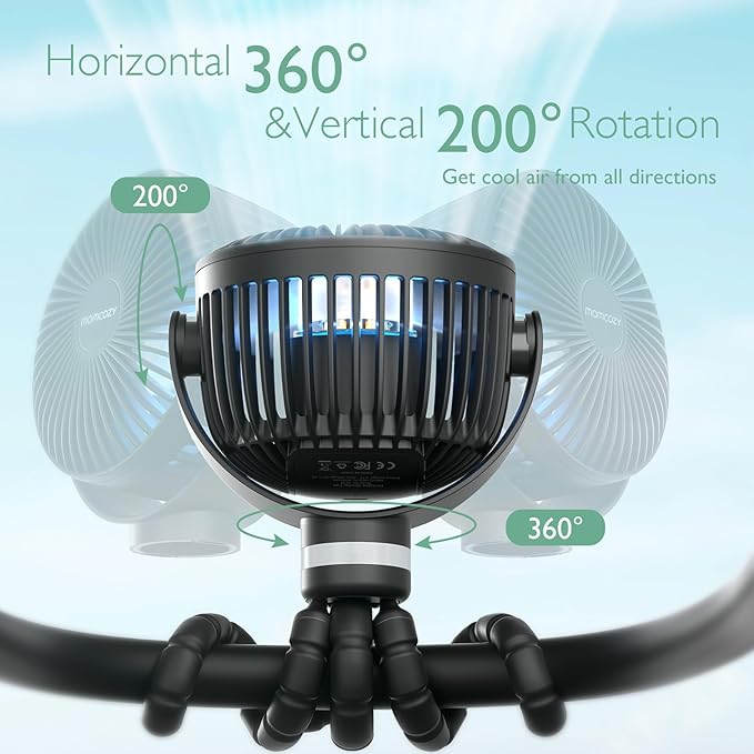 Momcozy Portable Stroller Fan, 8000mAh, 27H Ultra-long Battery Life, Detachable 4 Speed 360°Rotate, LED Night Light with 2 Modes, USB Rechargeable Handheld Cooling Fan for Travel, Car Seat, Bedroom-BubblyBeeBaby