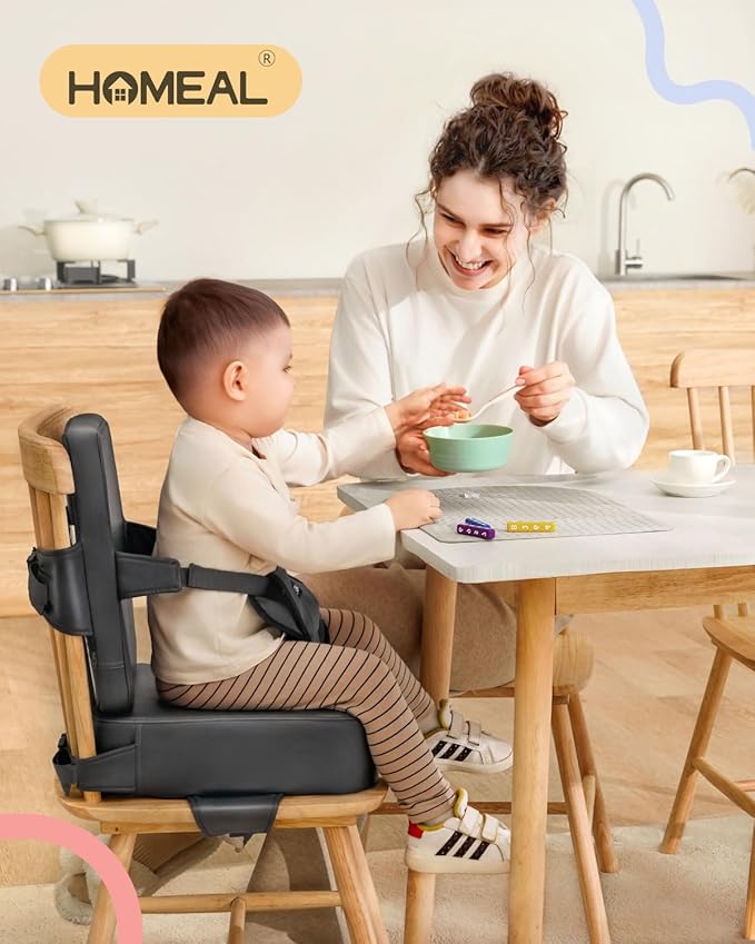 HOMEAL Booster Seat for Kitchen Chair, Breathable Toddler Booster Seat for Dining Table with Backrest and Adjustable Straps, Portable Travel Toddler Booster Seat, Dark Grey-BubblyBeeBaby