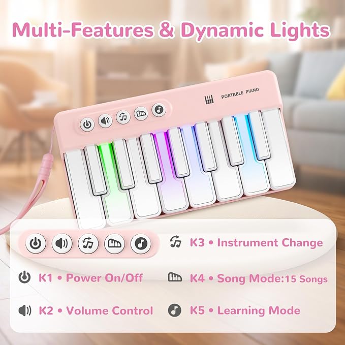 iPlay, iLearn Kids Mini Piano Toy W/Rainbow Lights, Portable Travel Piano Keyboard Toddlers Musical Instrument Learning Toys, Music Interactive Birthday Gift for 2 3 4 5 6 Year Old Girls Children-BubblyBeeBaby