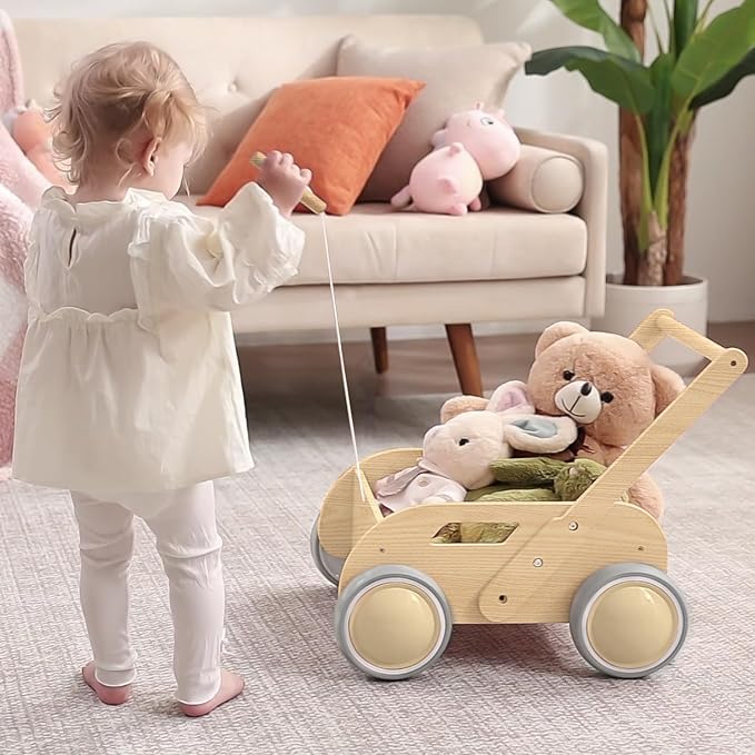 2025 HOMEKOL Wooden Baby Walker, Baby Walker, Adjustable Speed for Boys and Girls, Baby Activity Center, Birthday, Christmas and New Year's Gift, Log Color-BubblyBeeBaby