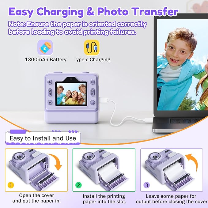 Instant Camera, Instant Print Camera for Kids with 1080P Videos, Front Rear Dual Selfie, 3 Rolls Print Paper & 32GB SD Cards, Christmas Birthday Gifts for Girls Age 3-12-BubblyBeeBaby