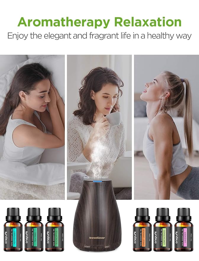 InnoGear Essential Oil Diffuser with Oils, 100ml Aromatherapy Diffuser with 6 Essential Oils Set, Aroma Cool Mist Humidifier Gift Set, Dark Wood Grain-BubblyBeeBaby