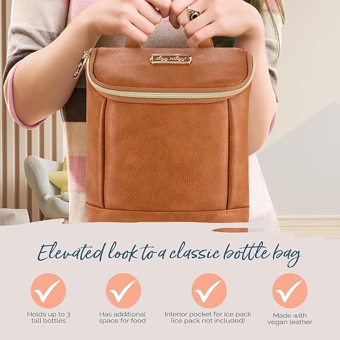 Itzy Ritzy Insulated Bottle Bag – Keeps Bottles Warm or Cool - Holds 3 Bottles & Features Interior Pocket for Ice Pack (Not Included), Cognac-BubblyBeeBaby