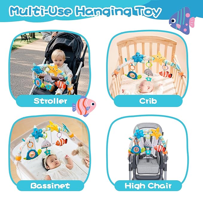 Jollybaby Musical Bassinet Stroller Crib Mobile Toy for Baby 0-6-12 Months, Infant Clip On Arch Hanging Toy with Music, Montessori Sensory Nursery Mobiles Attachment Toy for Newborn Gift - Starfish-BubblyBeeBaby