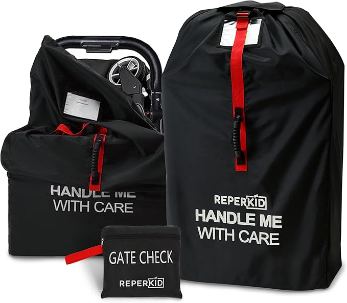 reperkid Medium Stroller Bag for Airplane Travel, Black & Red, 42" H x26 W x13 D, Fits Most Single Strollers Incl. Jogging & Standard Models – Premium Waterproof Cover, Adjustable Shoulder Straps-BubblyBeeBaby
