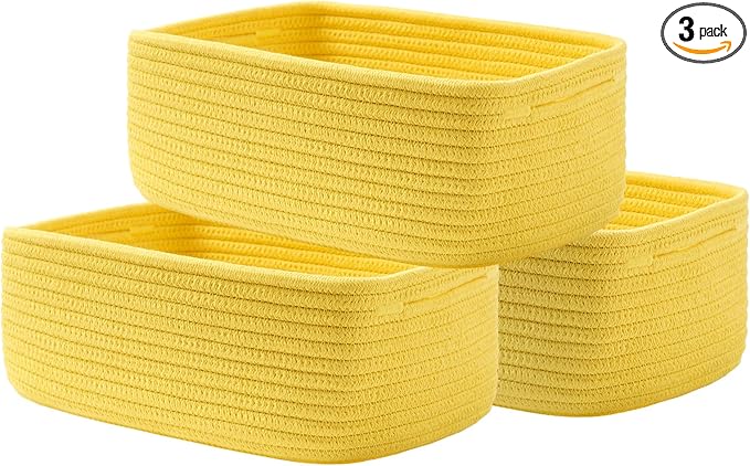 KALLAX Small Woven Basket, 12 x 8 x 4.5 Inches, Storage Basket for Organizing, Cute Small Rope Shelf Closet Cube Storage Bins Baskets for Shelves, Dog Toy Gift Baskets Empty, 3 Pack Yellow-BubblyBeeBaby