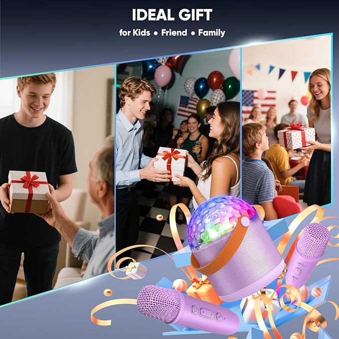Karaoke Machine with Disco LED Lights for Adults Kids, Portable Bluetooth Speaker with 2 Wireless Microphone, Gifts Toys for 3-12+ Kids Birthday Family Home Party-BubblyBeeBaby