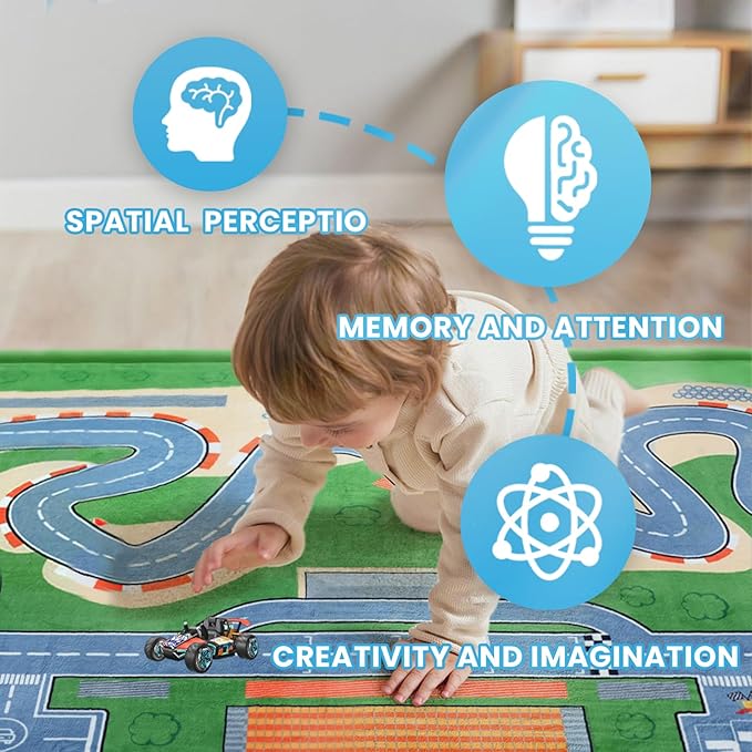 1.3" Thick Educational Baby Floor Play Mat 59x79, Basic Padded Memory Foam Kids Mat, Non-Slip Plush Playmat for Nursery Playroom Classroom (Race Track)-BubblyBeeBaby