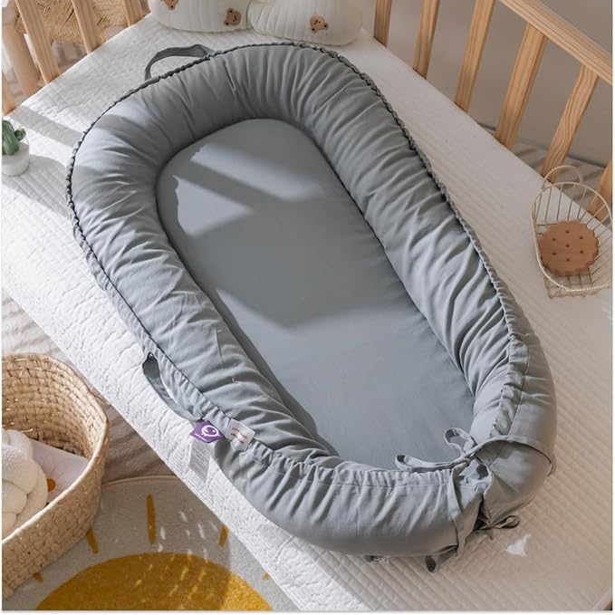 Infant Lounger, Baby Nest Cover for Baby Girls & Boys, Newborn Essentials for Baby 0-18 Months, 100% Cotton Breathable (Slate_Gray)-BubblyBeeBaby