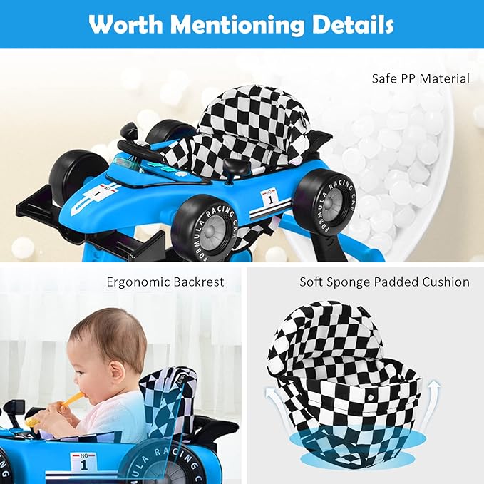 HONEY JOY 4-in-1 Baby Walker, Activity Push Walker w/3 Adjustable Heights, Smooth Wheels w/Adjustable Speed, Padded Seat, Music & Light, Foldable Car Walker for Baby Boys Girls Age 6 Months+ (Blue)-BubblyBeeBaby