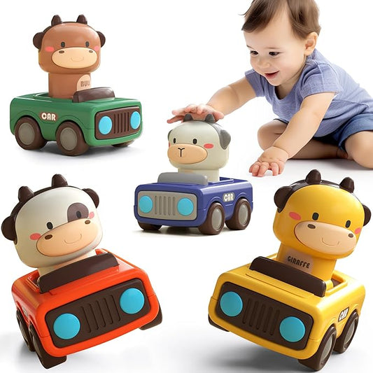 iPlay, iLearn Press to Go Car Toys for Toddlers 1-3, Baby Animal Racing Cars, Infant Play Vehicle Set, Baby Push Go Friction Car Toys for 6-9-12-18 Months, 1st Birthday Gifts for 1-2 Years Old Boys-BubblyBeeBaby