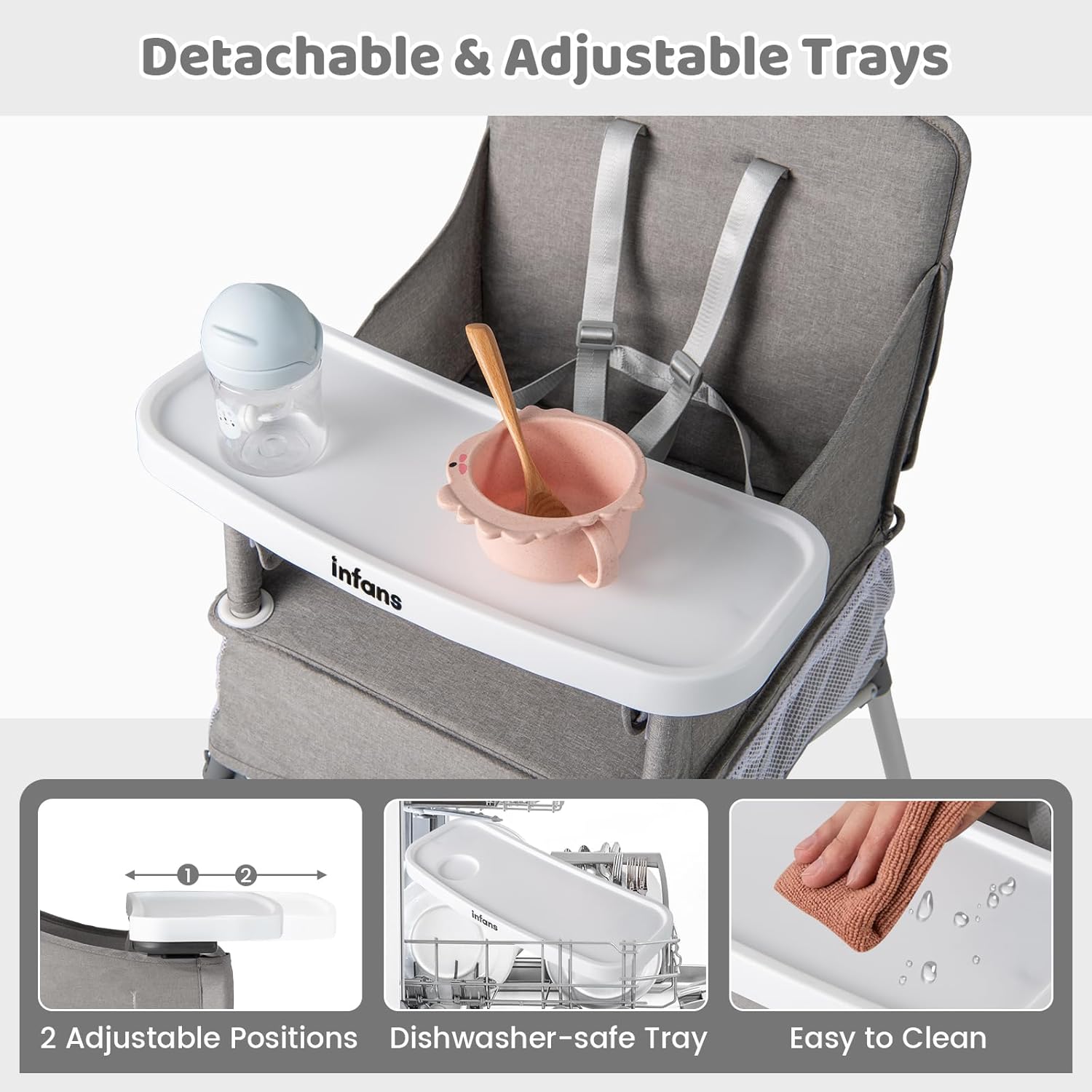 INFANS Baby High Chair, Foldable Portable Highchair for Babies and Toddlers with Travel Bag Adjustable Tray, 5 Point Harness, Compact Space Saver Infant Feeding Chair for Age 6-36 Months (Grey)