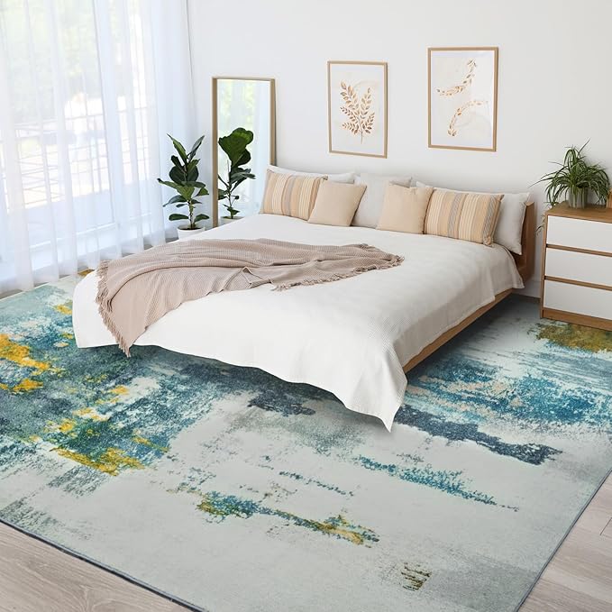 Kelarea 6x9 Area Rugs for Living Room, Washable Abstract Non-Slip Large Rug Stain Resistant Blue Carpet, Low Pile Soft Indoor Rug for Bedroom, Dining Room, Nursery, Kitchen, Home Office-BubblyBeeBaby