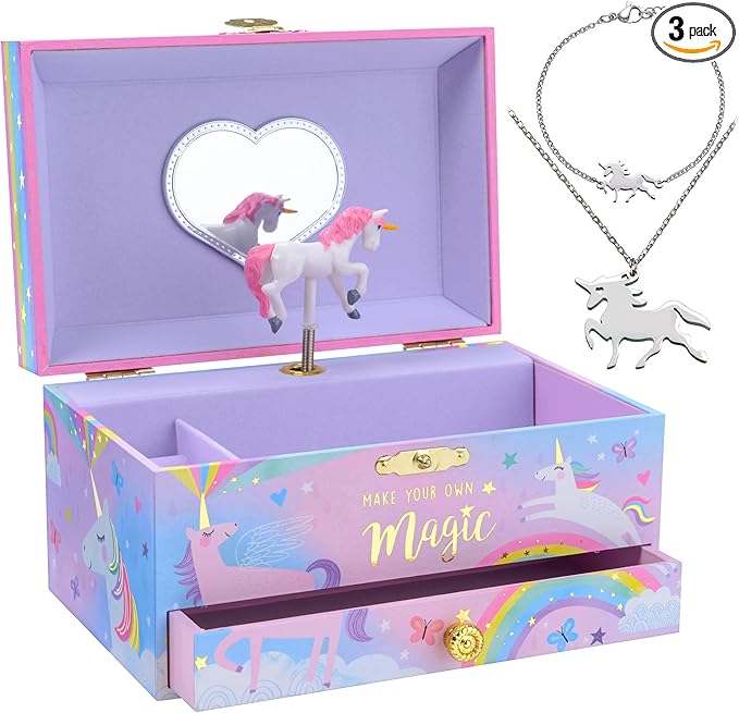 Jewelkeeper Unicorn Musical Jewelry Box for Little Girls - Kids Jewelry Box with Pullout Drawer - Music Jewellery Box with Necklace and Bracelet - Gift Set for Kids - Children's Jewellery Storage Case-BubblyBeeBaby