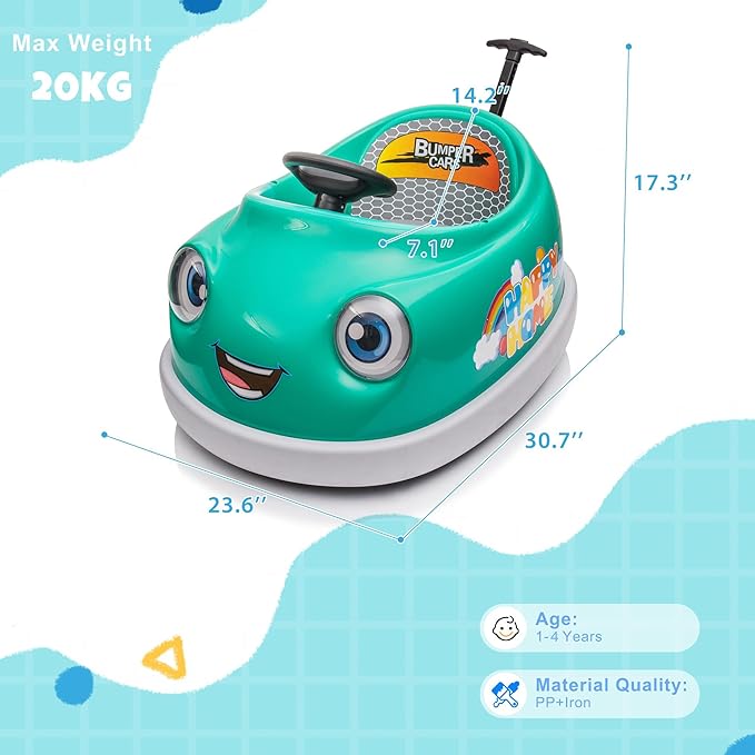 12V Dual Battery Electric Ride on Kids Bumper Car w/Remote Control,360 Degree Spin,Push Rod Rocker Horse Function,3-Speeds Babies & Toddlers Bumping Car Ride on Toy Gift for 1-4 Years Children（Green）-BubblyBeeBaby