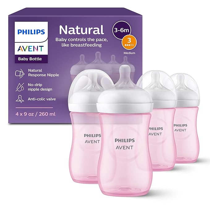 Philips Avent Natural Baby Bottles with Natural Response Nipples (Medium Flow, Flow 3), 9oz, Pink, 4-Pack, SCY903/14-BubblyBeeBaby