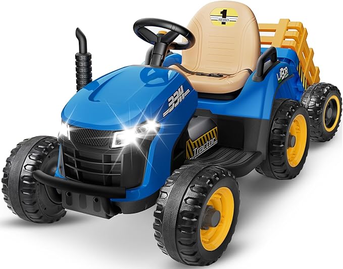 24V Ride On Tractor w/Tiltable & Detachable Trailer, 2x65W Motors, EVA Tires, Remote Control, Bluetooth, Shifter, Music, Electric Car for Kids Ages 2-5, Blue-BubblyBeeBaby