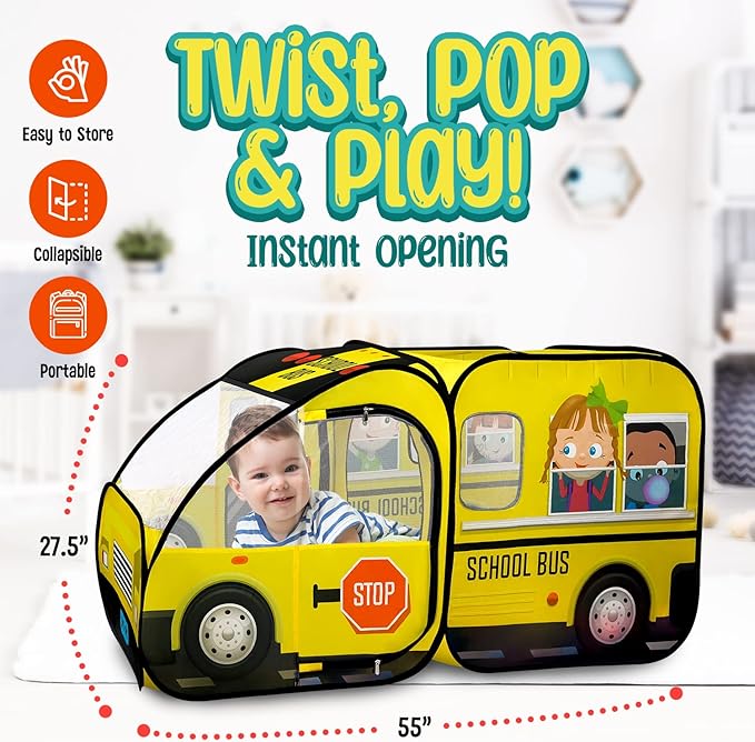 Kiddzery School Bus Pop Up Kids Play Tent - Tents with Sound Play Button for Toddler & Up - Girls and Boys Magic Wheels Bus for Indoor & Outdoor - Pretend Toy Playhouse - Playhouses for Toddlers-BubblyBeeBaby