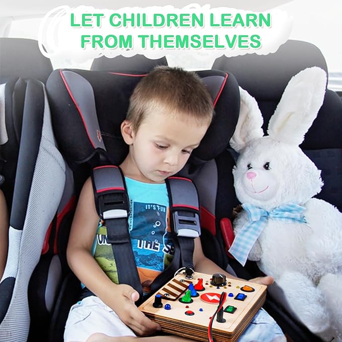 Joyreal Montessori Busy Board Wooden Sensory Toys for Toddler with LED Light Up Switch, Baby Fidget Board Travel Toys for 18+ Months, 1 2 3 Year Old Boys Girls Toddler Toy Gifts (Mixed Lights)-BubblyBeeBaby