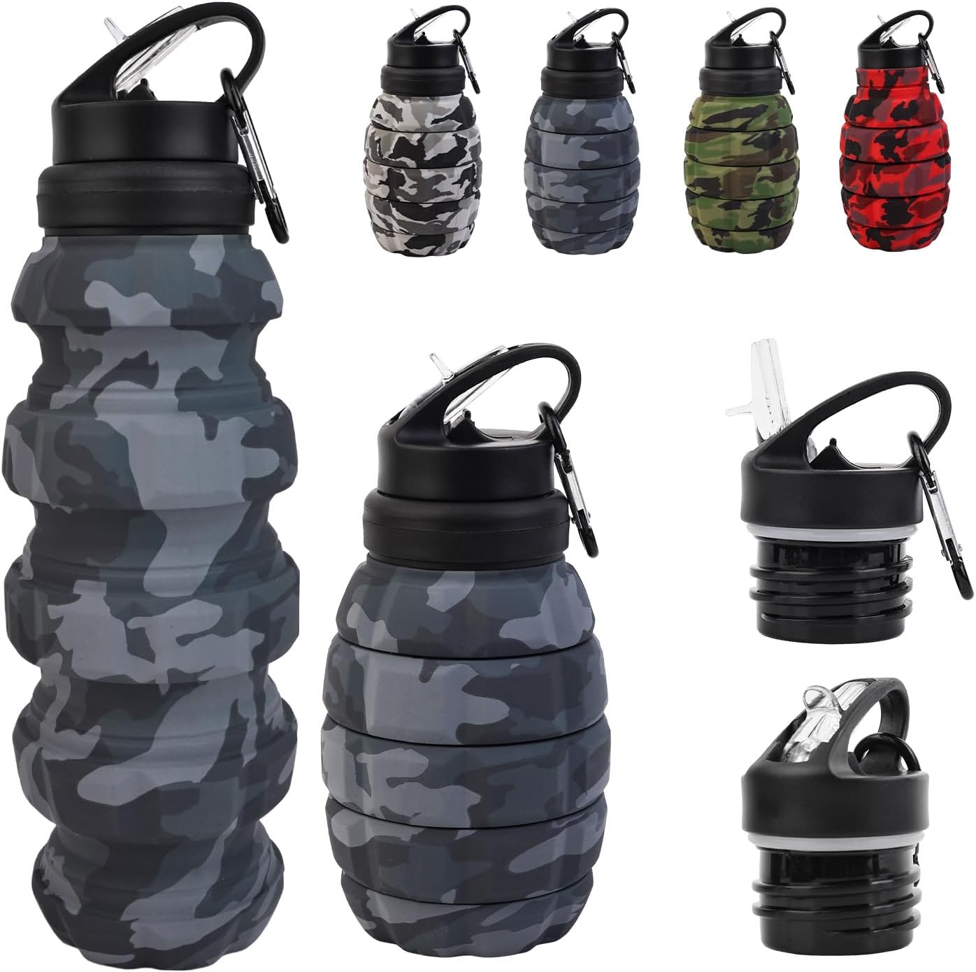 Collapsible Travel Water Bottle18oz, Reuseable Silicone Foldable Water Bottles for Gym Camping Hiking, Portable Leak Proof Sports Water Bottle with rugby Carabiner (Dark gray)