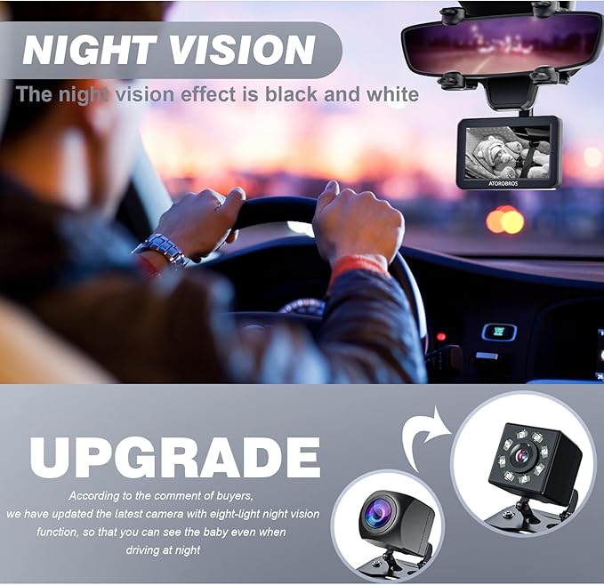 Baby Mirror for Car, ATOROBROS Baby Car Camera for Rear-Facing Seat with 4.3'' HD Display, Upgrade 360° Rearview Mirror Display Bracket, Easy and Safe to See Baby while Driving-BubblyBeeBaby
