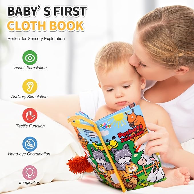 Jollybaby Baby Cloth Books, Touch & Feel Crinkle Soft Books, for Infants Babies, Toddler Early Educational Interactive Stroller Toys, Baby Girl & Boy Gift(Plush Tails)-BubblyBeeBaby