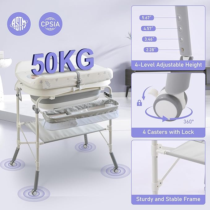 2-in-1 Baby Bathtub with Changing Table, Foldable Diaper Changing Station with 4 Wheels, Waterproof Pad, Storage Rack and Baby Bath Tub, Adjustable Height Portable Nursery Organizer for Newborn Infant-BubblyBeeBaby