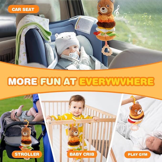 Jollybaby Baby Musical Pull String Hanging Toys for Stroller Car Seat Crib Play Gym, Plush Stuffed Hamburg Bear Toy for Carseat with Music Teether Crinkle, Sensory Toy for 0-6-12-18 Months Baby Gifts-BubblyBeeBaby