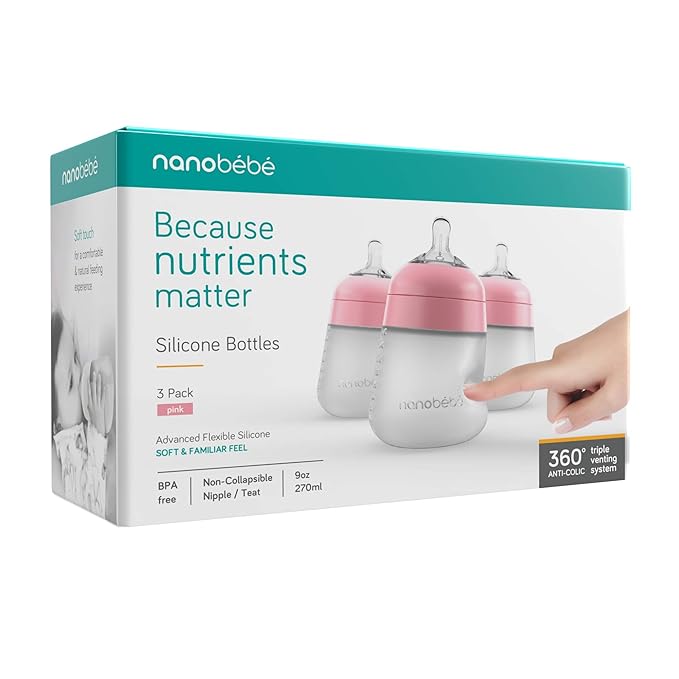Nanobebe Flexy Silicone Baby Bottle, Anti-Colic, Natural Feel, Non-Collapsing Nipple, Non-Tip Stable Base, Easy to Clean, 3-Pack, Pink, 9oz-BubblyBeeBaby