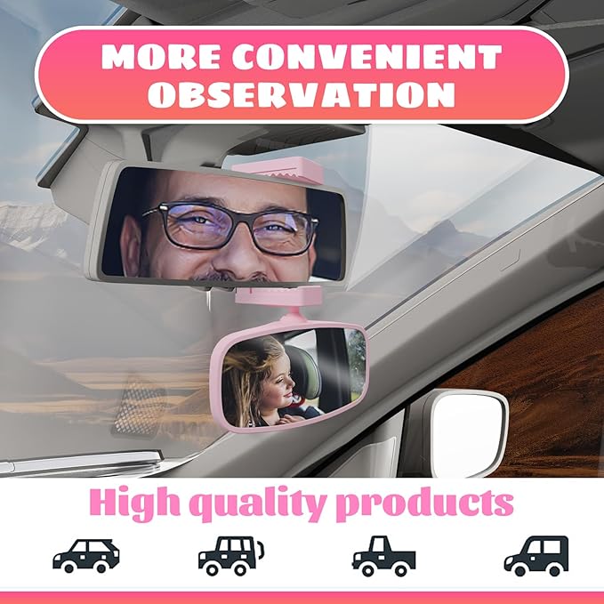 360-Degree Baby Car Mirror for Rear-Facing Seats,Kids Safety Mirrors with Tool-Free Installation,Kids Rear View Mirror BPA-Free Shatterproof & ASTM Certified (Adjustable 14"-22") (PINK)-BubblyBeeBaby
