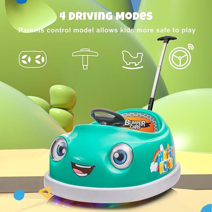 12V Dual Battery Electric Ride on Kids Bumper Car w/Remote Control,360 Degree Spin,Push Rod Rocker Horse Function,3-Speeds Babies & Toddlers Bumping Car Ride on Toy Gift for 1-4 Years Children（Green）-BubblyBeeBaby