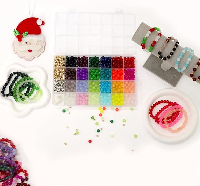 JULIMAIDONG 8mm Glass Beads for Bracelets 1000pcs, 24 Colors Round Crystal Glass Bracelet Beads Making Kit for Jewelry Making Kits Bead DIY Crafts with Spacer Charms Accessories (8MM, 24 Color)-BubblyBeeBaby