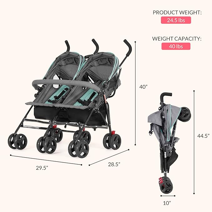 Dream On Me Volgo Twin Umbrella Stroller in Mint, Lightweight Double Stroller for Infant & Toddler, Compact Easy Fold, Large Storage Basket, Large and Adjustable Canopy-BubblyBeeBaby