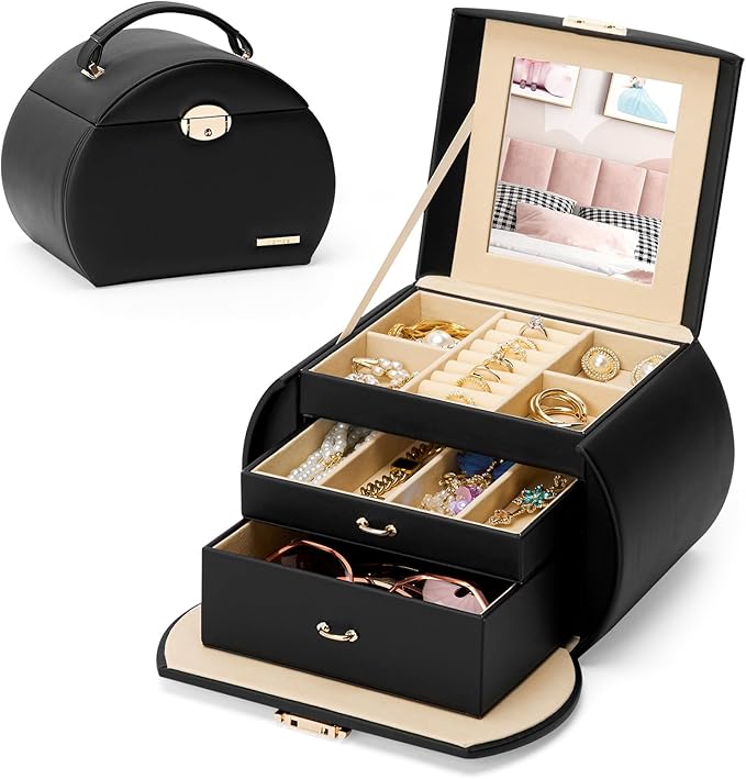 Homde Girls Jewelry Box Jewelry Storage Case Organizer with Mirror for Rings, Earrings, Bracelets, Necklaces (Black + Gold)-BubblyBeeBaby