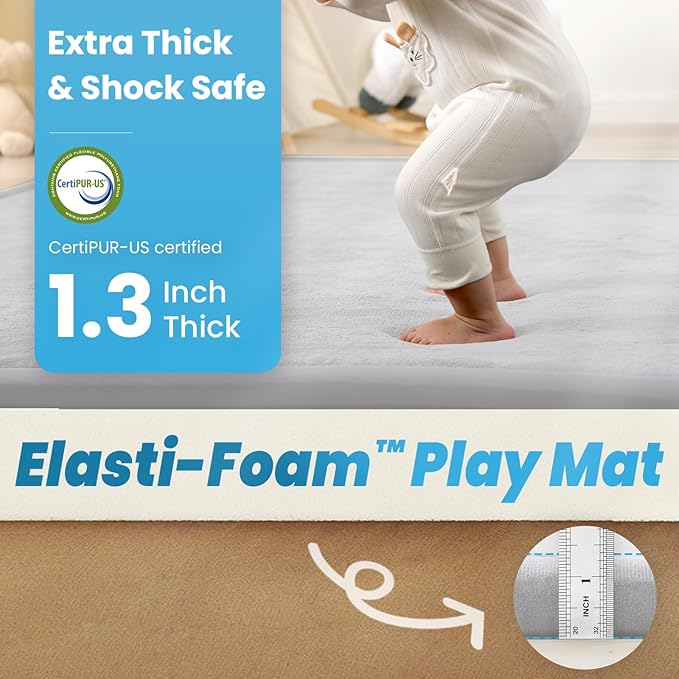 1.3" Thick Baby Play Mat for Floor, 28x72 Foam Tummy Time Mat, Padded Support Soft Plush Bedside Rugs for Infant Kids Toddler Crawling Kick Activity (Light Grey)-BubblyBeeBaby