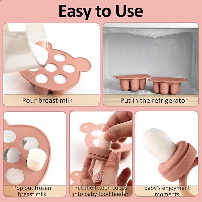 JEXFUN Baby Breastmilk Popsicle Molds & Baby Fruit Food Feeder Pacifier Combo, BPA Free Silicone Nibble Freezer Tray Storage Containers Teething Toys for Safe Infant Self Feeding, 4 Month+(Orange)-BubblyBeeBaby