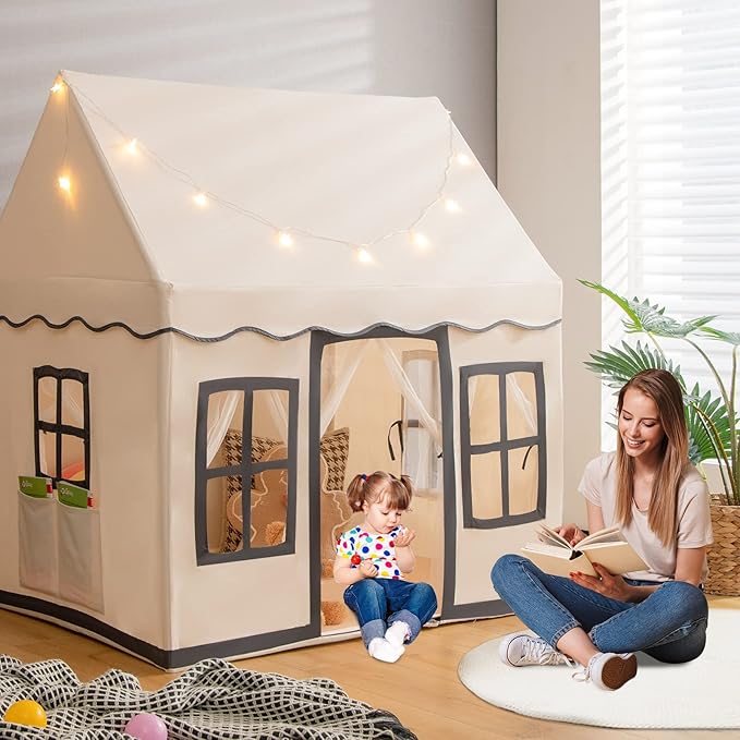 INFANS Kids Play Tent with Washable Mat Star Light Windows, Anti-Trip Large Playhouse Toys for Children Boys Girls, Indoor Outdoor Princess Tents Castle for Toddlers (Black)-BubblyBeeBaby