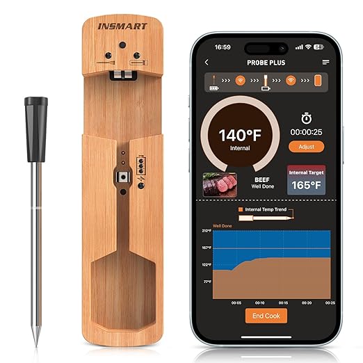 INSMART Wireless Smart Meat Thermometer,330FT Bluetooth Range,100% Waterproof,Precision Cooking Grilling,Multi Sensors,for BBQ,Oven,Grill,Kitchen,Smoker, Rotisserie Turkey Beef/iOS & Android App-BubblyBeeBaby