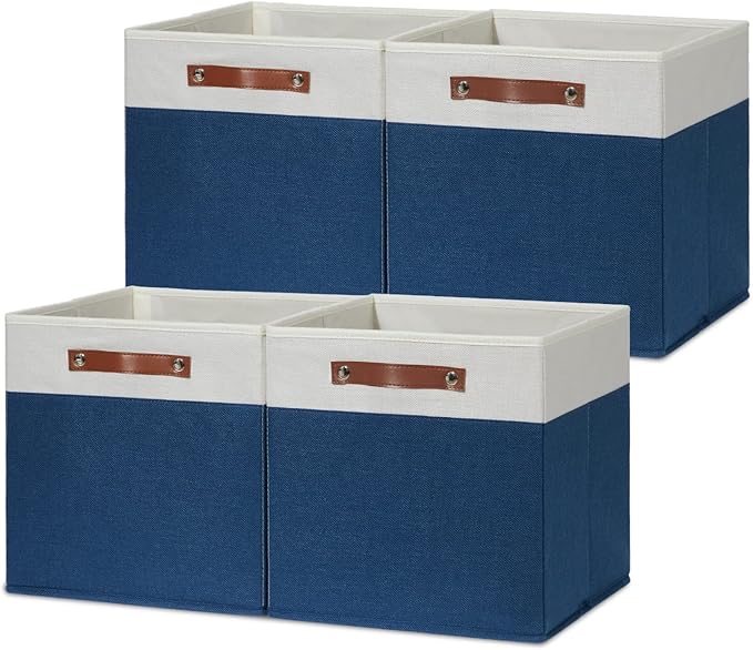 HNZIGE Fabric Storage Cubes Bins for Shelves,13x13 Storage Cubes, Set Of 4 Foldable Cubby Storage Bins for Organizing, Cloth Blue Storage Baskets for Cube Organizer Toy Nursery Shelves(Blue&White)-BubblyBeeBaby
