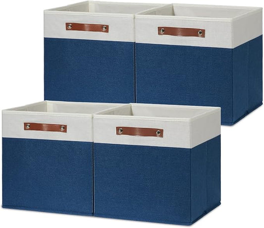 HNZIGE Fabric Storage Cubes Bins for Shelves,13x13 Storage Cubes, Set Of 4 Foldable Cubby Storage Bins for Organizing, Cloth Blue Storage Baskets for Cube Organizer Toy Nursery Shelves(Blue&White)-BubblyBeeBaby