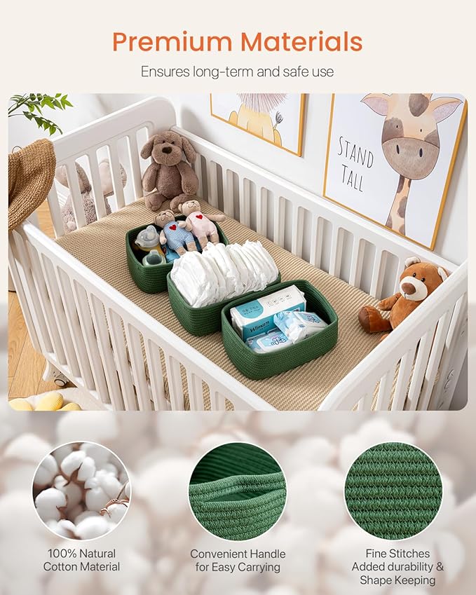 KALLAX Small Woven Basket, 12 x 8 x 4.5 Inches, Storage Basket for Organizing, Cute Small Rope Shelf Closet Cube Storage Bins Baskets for Shelves, Dog Toy Gift Baskets Empty, 3 Packs, Green-BubblyBeeBaby