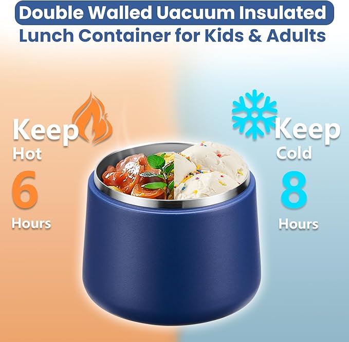 14oz Insulated Vacuum Food Jar with Buckle Lid,Soup Thermo for Hot Food Kids,Wide Mouth Leakproof Stainless Steel Lunch Container with Spoon-Blue-BubblyBeeBaby