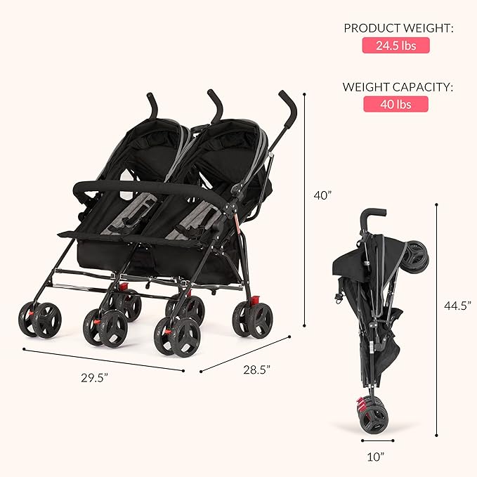 Dream On Me Volgo Twin Umbrella Stroller in Black, Lightweight Double Stroller for Infant & Toddler, Compact Easy Fold, Large Storage Basket, Large and Adjustable Canopy-BubblyBeeBaby