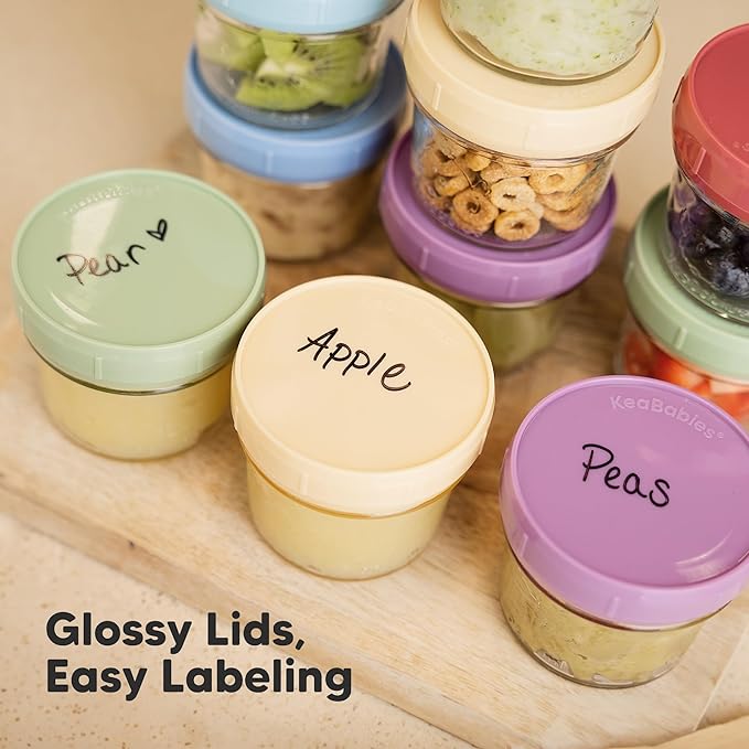 KeaBabies 12pk 4oz Glass Baby Food Containers with Lids - Leak-Proof, Microwavable Small Glass Jars, Baby Purees & Toddler Snack Storage Containers, BPA-Free, Dishwasher & Freezer Safe (Nord)-BubblyBeeBaby