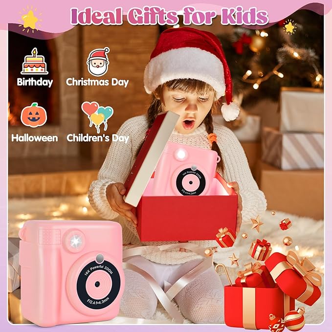 Instant Print Camera for Kids - 2.4 Inch Kids Camera Instant Print with Paper & 32G Card- Digital Children Toys as Christams Birthday Gifts for Girls Boys Age 3-12 - Pink-BubblyBeeBaby
