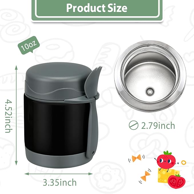 10oz Soup Thermo for Hot Food Kids,Lunch Thermo Kids Food Jar with Spoon Hot Insulated Food Containers,Leak Proof Stainless Steel Wide Mouth Lunch Food Thermo Jar for School(Black)-BubblyBeeBaby