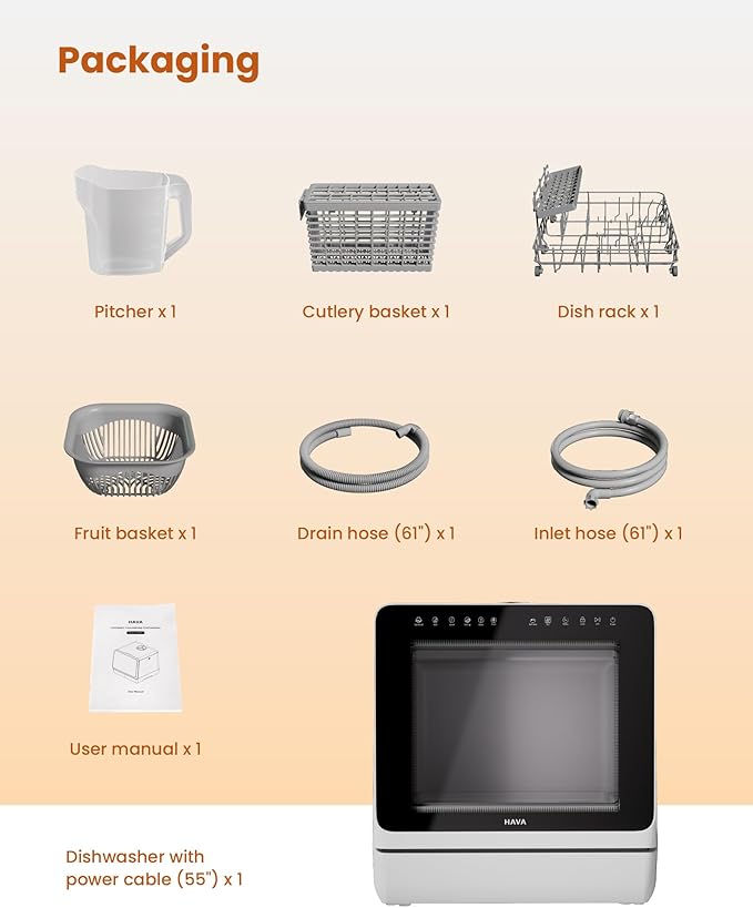 HAVA 2025 NEW Upgraded Countertop Dishwasher with Water Softener and Enhanced Energy Efficiency, Portable Dishwasher with 8 Wash Programs, Child Lock & Delayed Start Function, No Installation Needed-BubblyBeeBaby