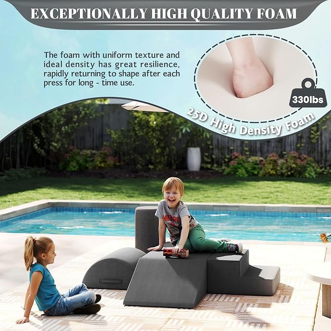 jela Foam Blocks 6Pcs Soft Play Equipment Waterproof Fabric, UV Resistant Toddler Climbing Toys Indoor& Outdoor Soft Play Climbing for Toddlers, Lightweight Climbing Blocks for Babies, Kids (Darkgrey)-BubblyBeeBaby