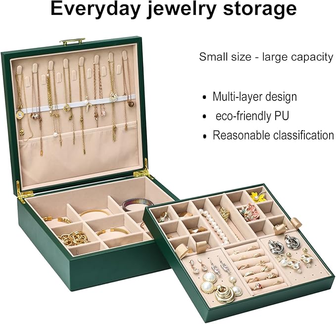 2-layer jewelry box，Jewelry Organizer with Handle，with hanging necklace hooks, detachable jewelry trays, suitable for storing a large amount of jewelry gift box (Large-Green)-BubblyBeeBaby