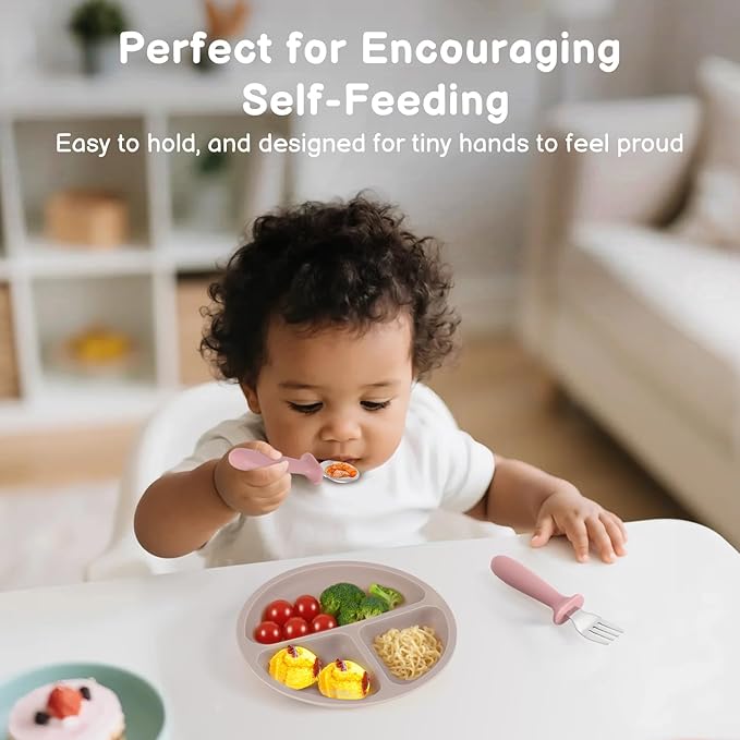 2 Pack Silicone Divided Baby Plates with Suction, 2 Pack Toddler Forks and Spoons Set, BPA Free, Baby Feeding Set for Toddler Utensils, Microwave and Dishwasher Safe-BubblyBeeBaby